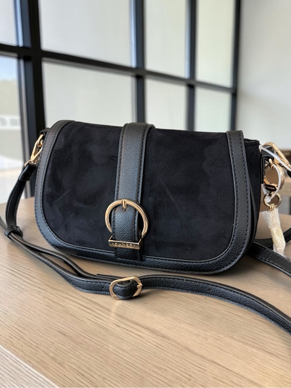 Laundry By Shelli Segal Black Vegan Suede Crossbody with Gold Accents